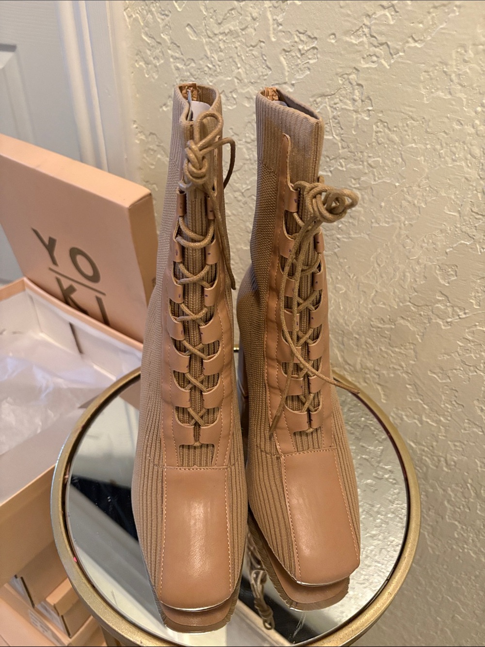 Yoki Lace-Up Ribbed Block Heel Ankle Boots - Picture 3 of 5